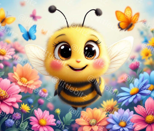 Cute smiling bumble bee with big eyes surrounded by colorful flowers and butterflies in a whimsical spring design for tumbler wrap