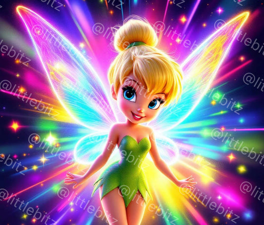 Neon Tinkerbell sublimation wrap with vibrant glowing fairy wings and colorful magical background for 20oz skinny tumblers.
