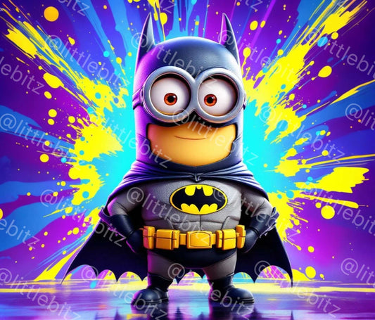 Batman Minion sublimation wrap design featuring a Minion dressed as Batman with a colorful splash background for 20oz tumblers