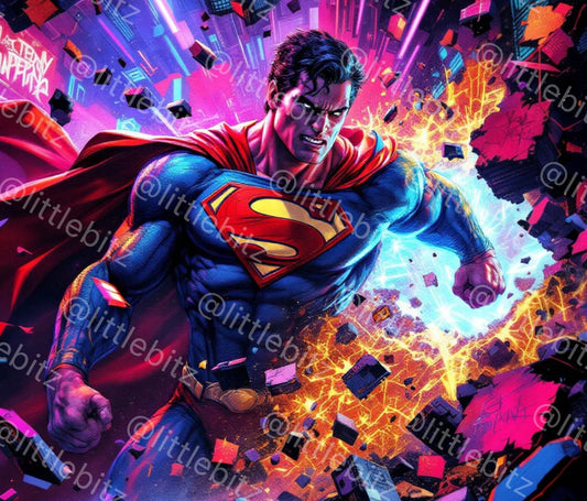 Superman Tumbler Wrap PNG design with bold red, blue, and yellow colors featuring a powerful Superman silhouette and comic-style explosion background for 20oz skinny tumblers.