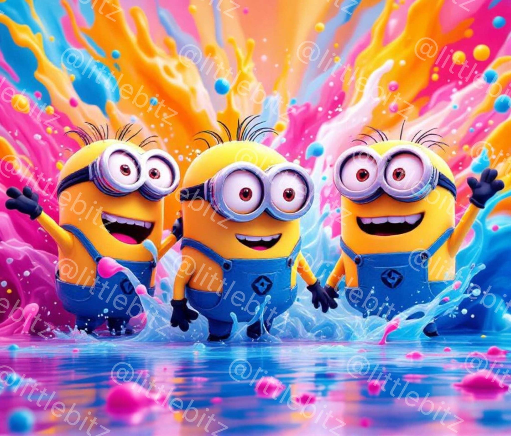 Colorful Minion-themed digital tumbler wrap PNG for 20oz skinny tumblers featuring playful cartoon characters in blue overalls with vibrant splash background.