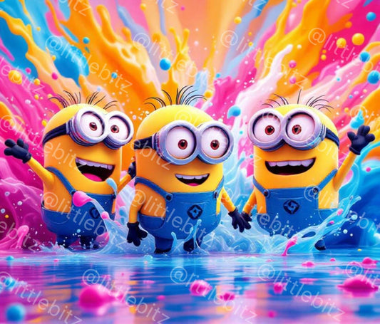 Colorful Minion-themed digital tumbler wrap PNG for 20oz skinny tumblers featuring playful cartoon characters in blue overalls with vibrant splash background.