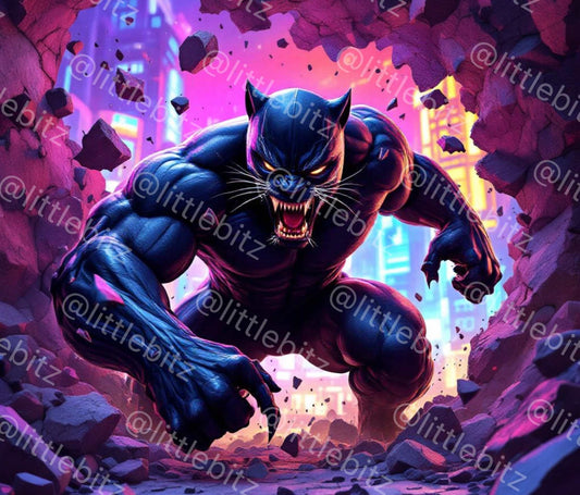 Black Panther Tumbler Wrap design featuring a fierce panther silhouette with black and purple tribal patterns for 20oz skinny tumblers.