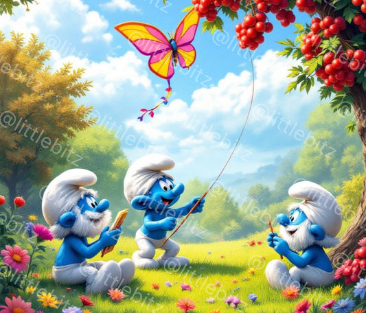 Smurf Tumbler Wrap PNG featuring three blue cartoon Smurfs flying a colorful butterfly kite in a vibrant meadow with flowers and berries, designed for 20oz skinny tumblers.