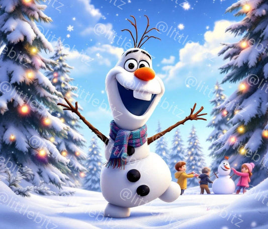 Cheerful Olaf snowman design with snowy trees and winter sky for 20oz skinny tumbler wrap sublimation print
