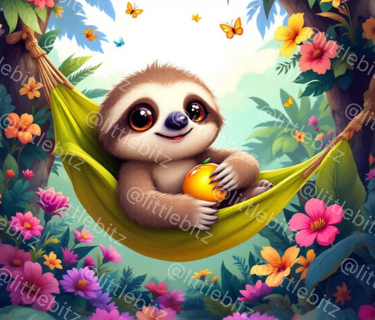 Cute sloth holding an orange, relaxing in a hammock surrounded by colorful flowers and butterflies, digital tumbler wrap design.