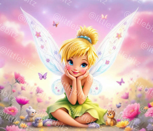 Tinkerbell sublimation tumbler wrap with vibrant fairy image and floral background for 20oz skinny tumblers