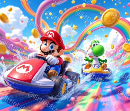 Mario and Yoshi racing on a vibrant rainbow track with flying gold coins in a Rainbow Kart Racer design