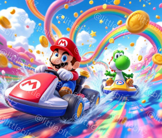 Mario and Yoshi racing on a vibrant rainbow track with flying gold coins in a Rainbow Kart Racer design