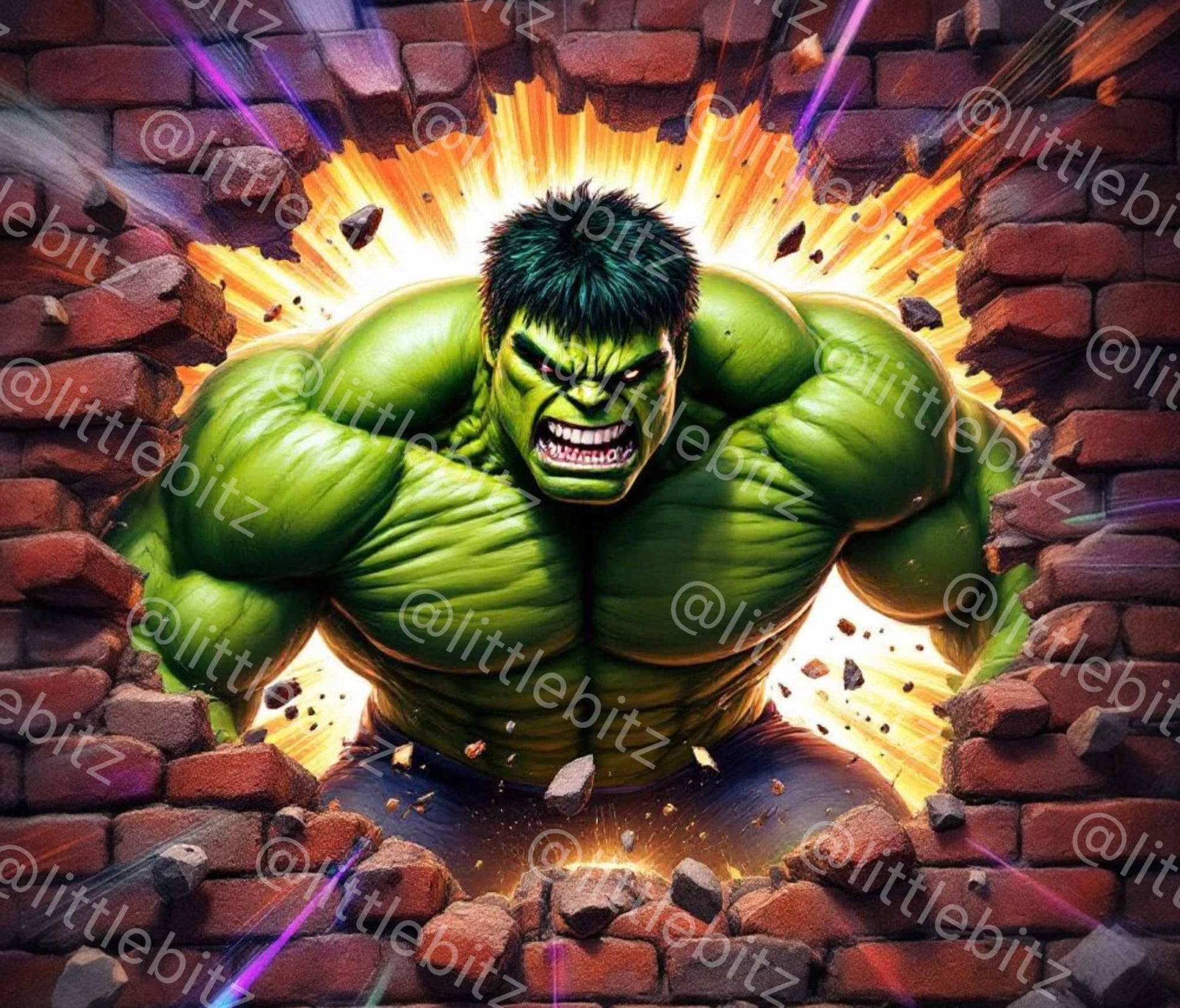 Hulk Tumbler Wrap PNG featuring a muscular green superhero smashing through a brick wall with explosive energy background.