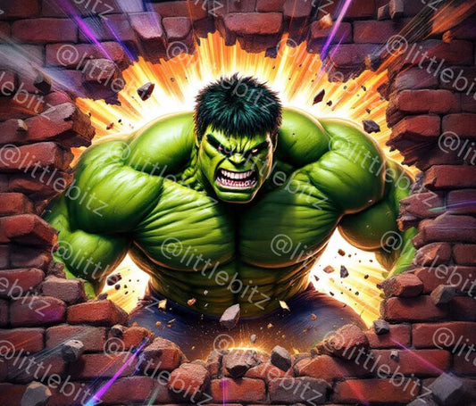 Hulk Tumbler Wrap PNG featuring a muscular green superhero smashing through a brick wall with explosive energy background.