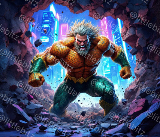 Aquaman superhero digital art bursting through underwater rocks with glowing city background in vibrant colors